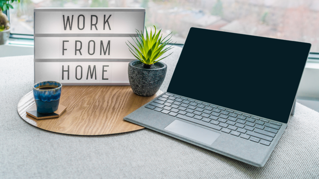 Laptop on a table, working from home.